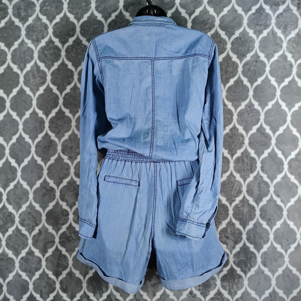Judy Blue Romper Women Large Blue Chambray Denim Long Sleeve Pockets Drawstring - Picture 2 of 10